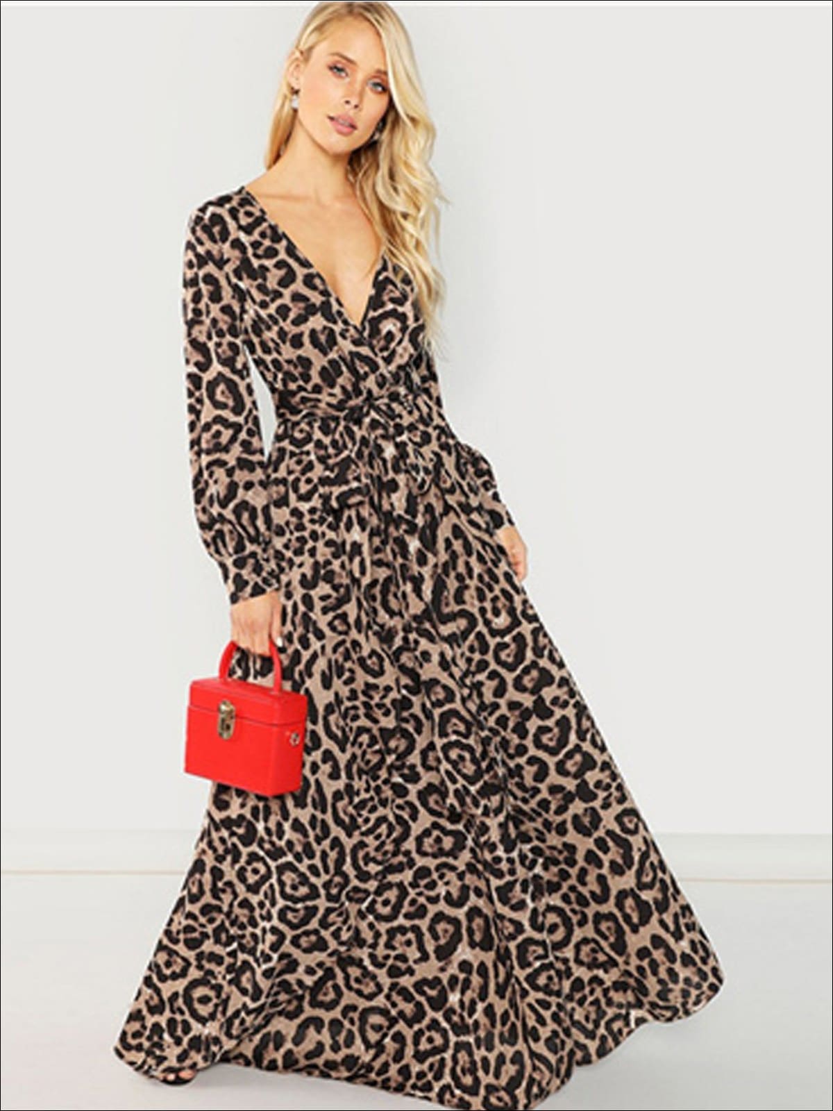 Womens Leopard Print Long Sleeve Wrap Maxi Dress - Multicolor / XS - Womens Fall Dresses