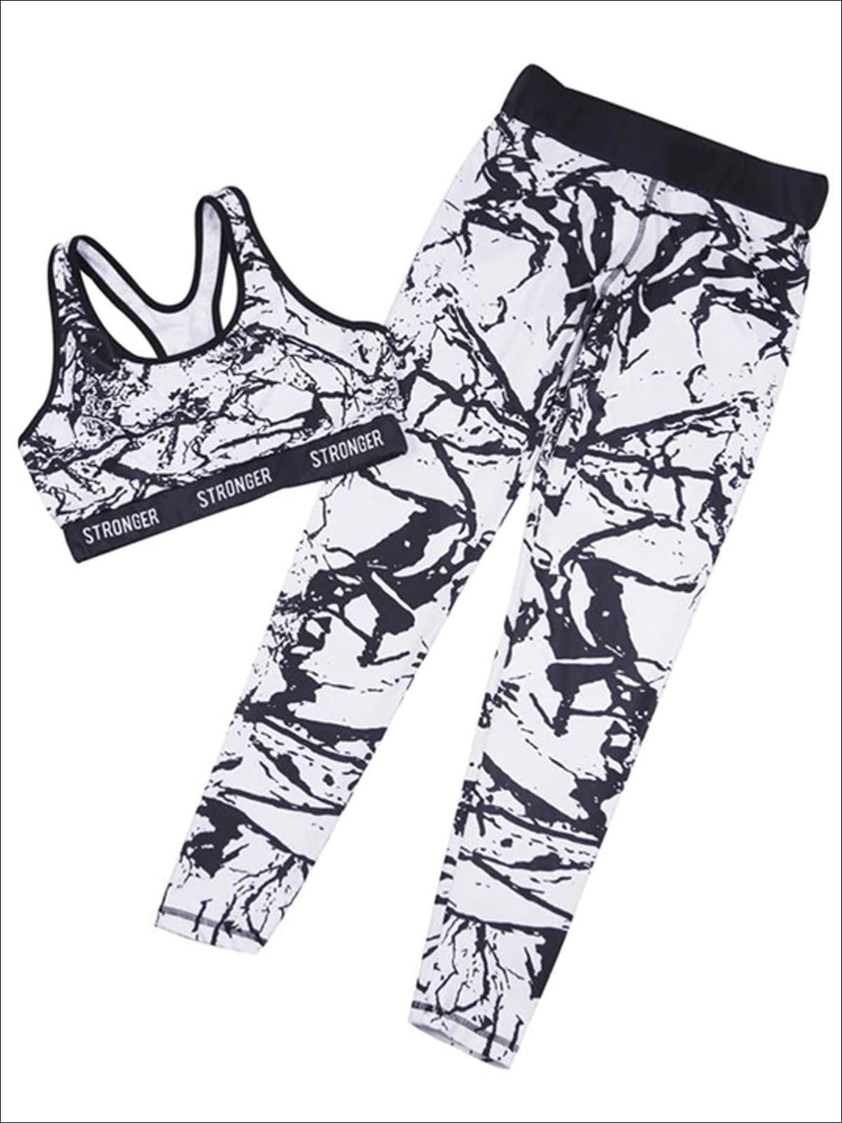 Womens Marble Print Banded Sports Bra & Matching Leggings Set - Womens Activewear