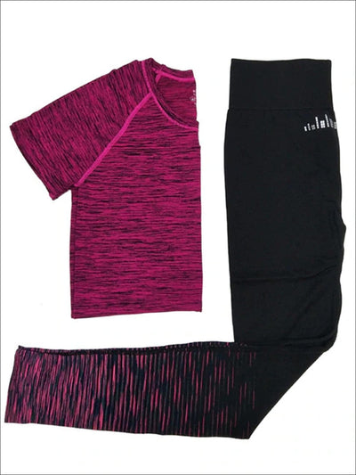 Womens Marled Short Sleeve Top & Leggings Set - Purple / M - Womens Activewear