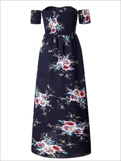 Womens Navy Floral Off Shoulder Front Slit Maxi Dress - Womens Dresses