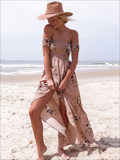 Womens Off Shoulder Khaki Floral Beach Maxi Beach Dress with Side Slit - Womens Dresses
