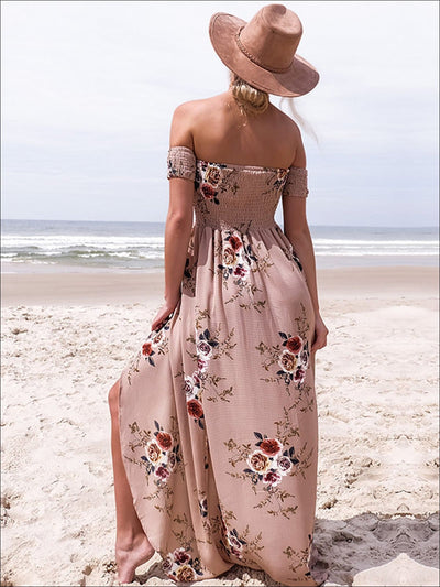 Womens Off Shoulder Khaki Floral Beach Maxi Beach Dress with Side Slit - Womens Dresses
