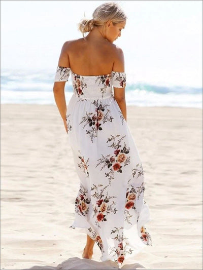 Womens Off Shoulder White Floral Beach Maxi Dress with Front Slit - Womens Dresses