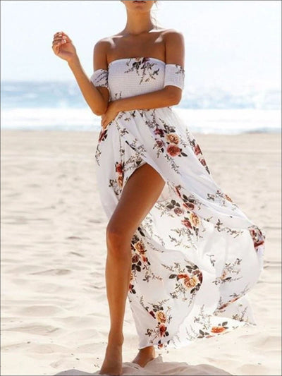 Womens Off Shoulder White Floral Beach Maxi Dress with Front Slit - white / S - Womens Dresses