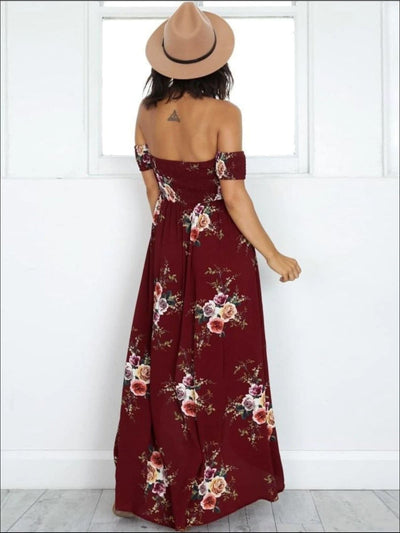Womens Off Shoulder Wine Floral Beach Maxi Dress with Side Slit - Womens Dresses