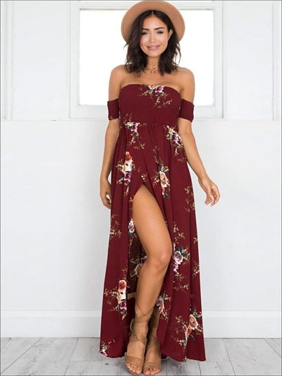 Womens Off Shoulder Wine Floral Beach Maxi Dress with Side Slit - Wine / S - Womens Dresses