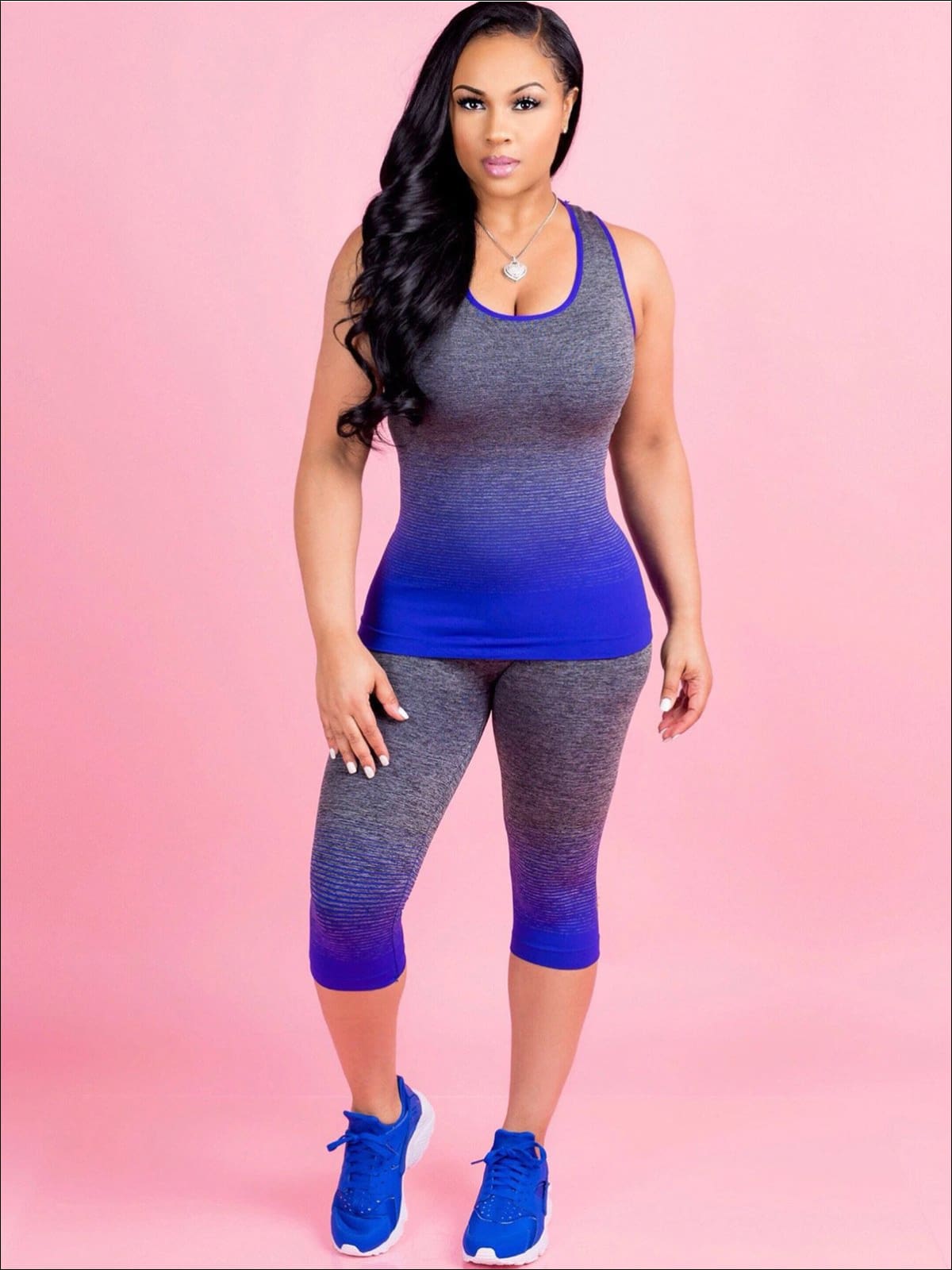 Womens Ombre Sleeveless Workout Top & Capri Leggings Set - Blue / S - Womens Activewear