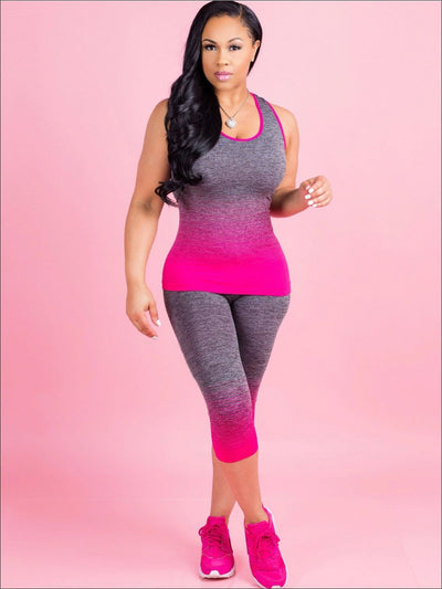 Womens Ombre Sleeveless Workout Top & Capri Leggings Set - Hot Pink / S - Womens Activewear