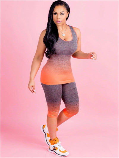 Womens Ombre Sleeveless Workout Top & Capri Leggings Set - Orange / S - Womens Activewear
