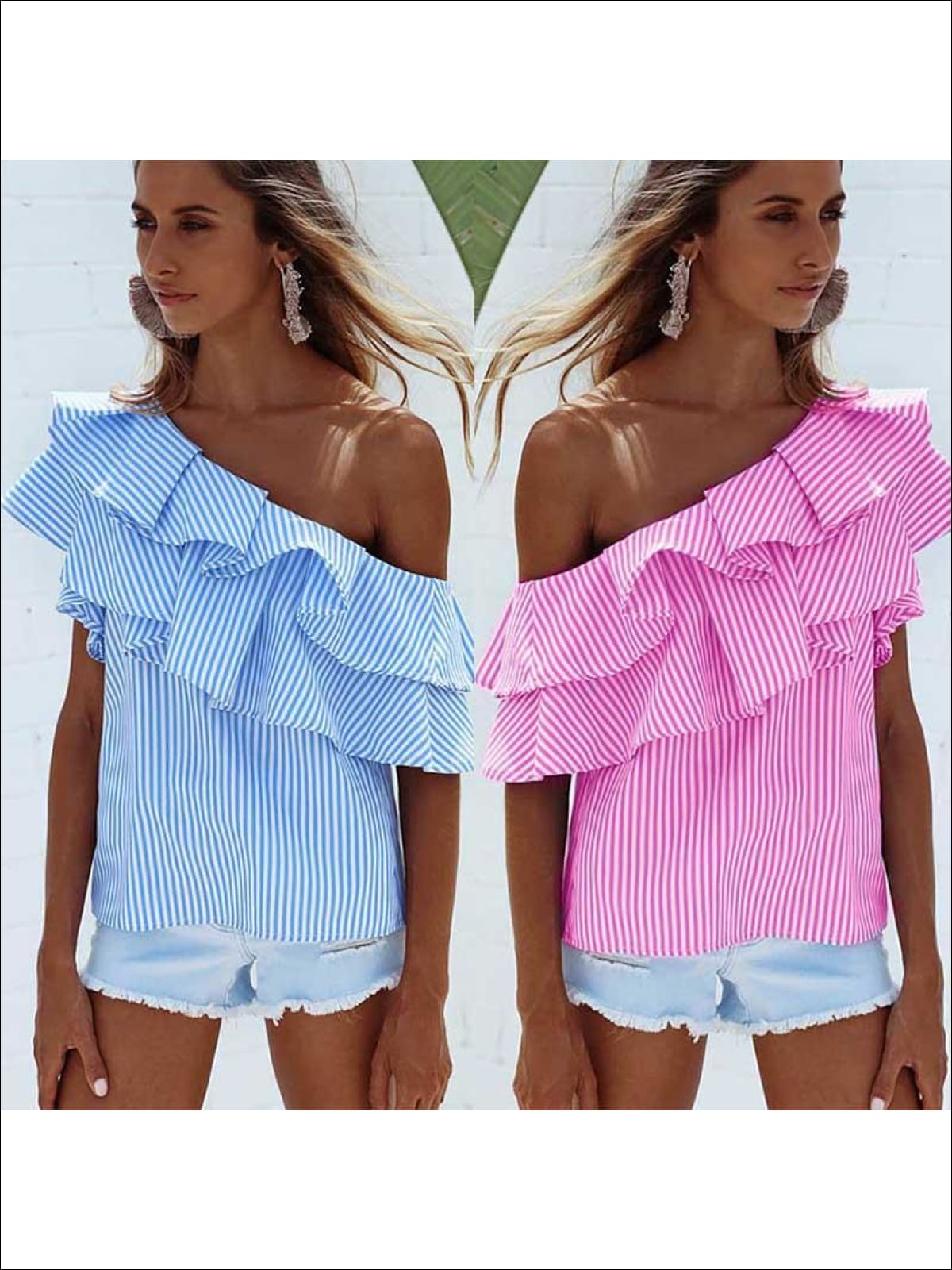 Womens One Open Shoulder Striped Ruffled Blouse - Womens Tops