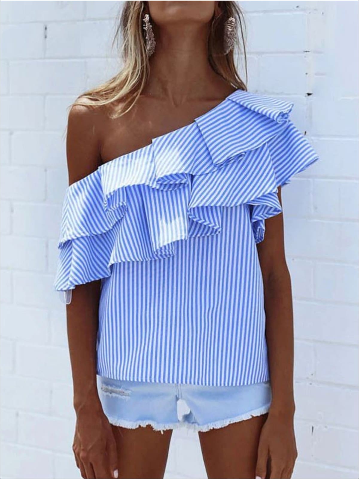 Womens One Open Shoulder Striped Ruffled Blouse - Womens Tops