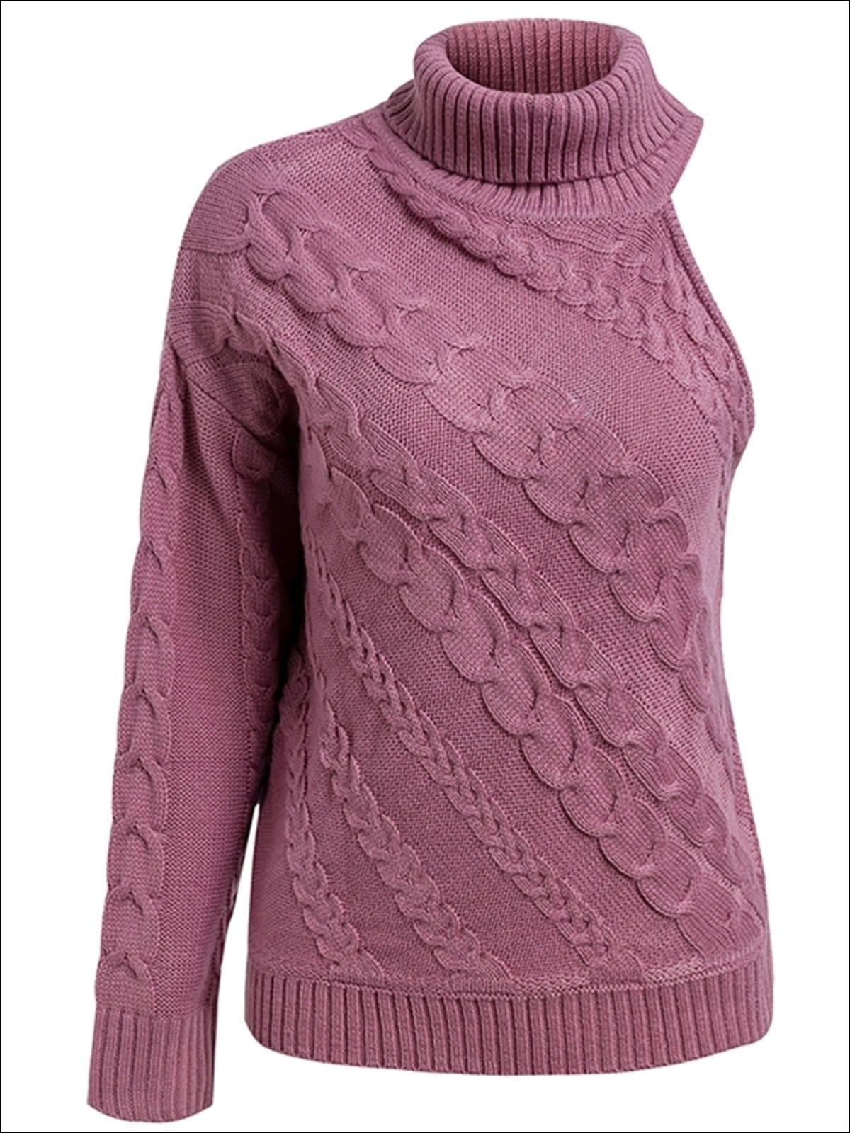 Womens One Shoulder Cable Knit Sweater - Pink / One Size - Womens Fall Sweaters