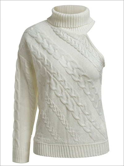Womens One Shoulder Cable Knit Sweater - White / One Size - Womens Fall Sweaters