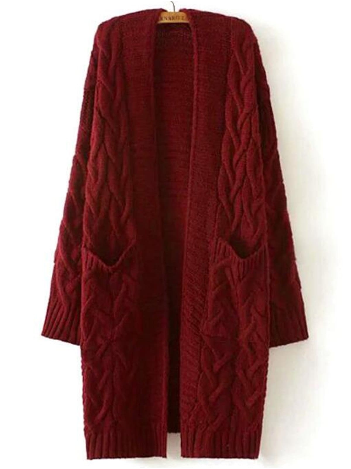 Womens Over-Sized Cable Knit Fall Cardigan with Side Pockets - Burgundy / One - Womens Fall Outerwear