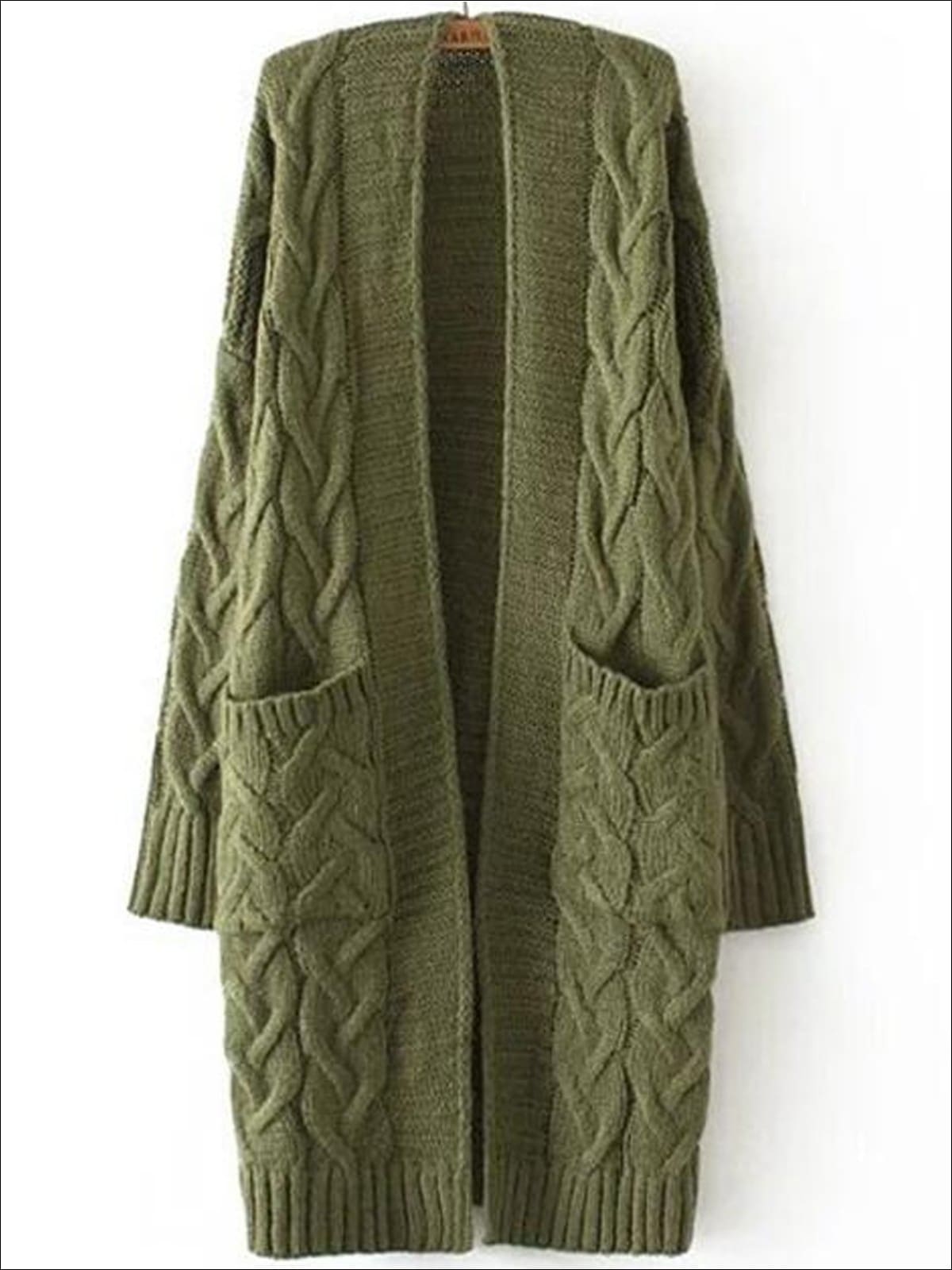 Womens Over-Sized Cable Knit Fall Cardigan with Side Pockets - Green / One - Womens Fall Outerwear