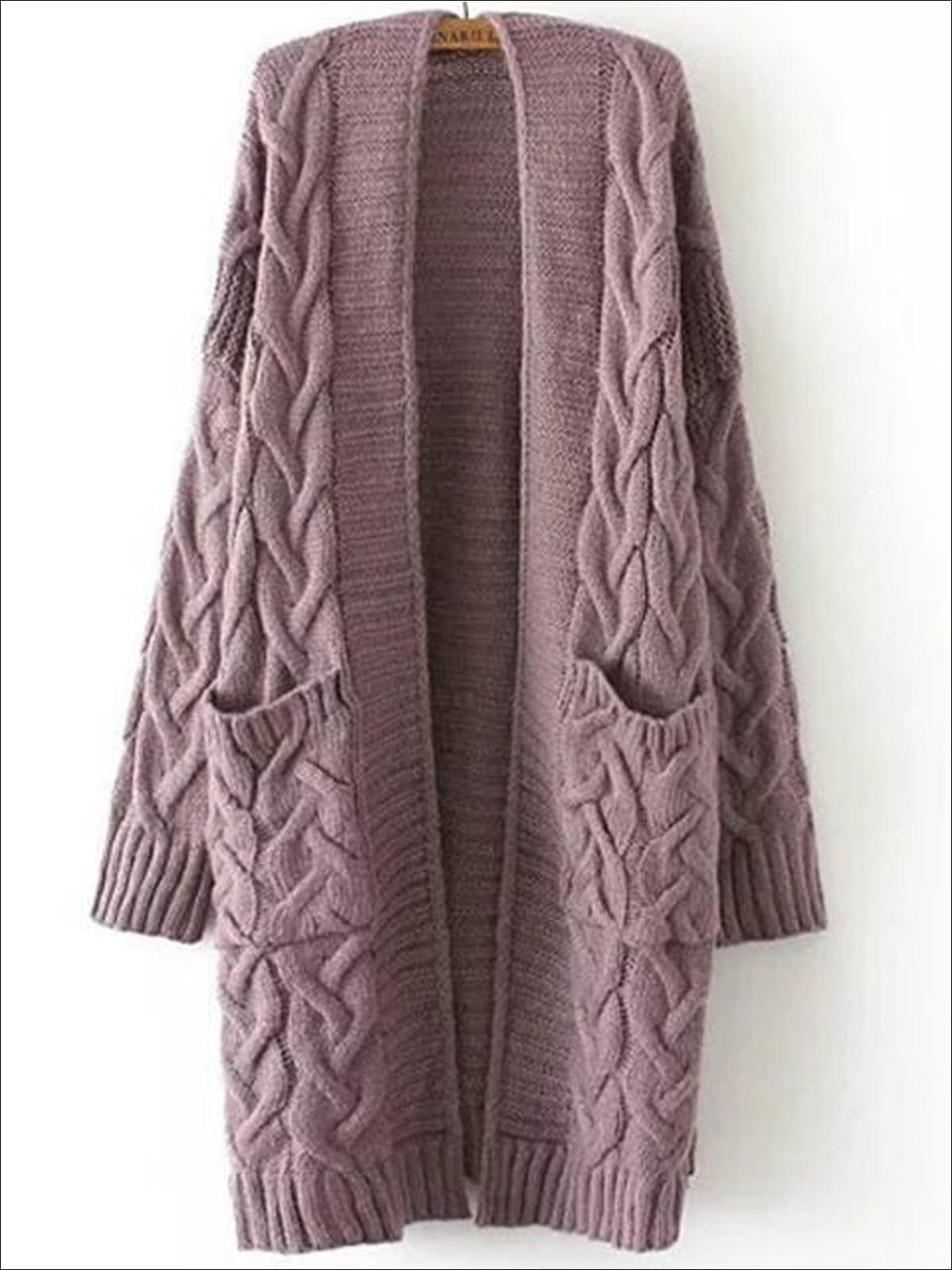 Womens Over-Sized Cable Knit Fall Cardigan with Side Pockets - Purple / One - Womens Fall Outerwear