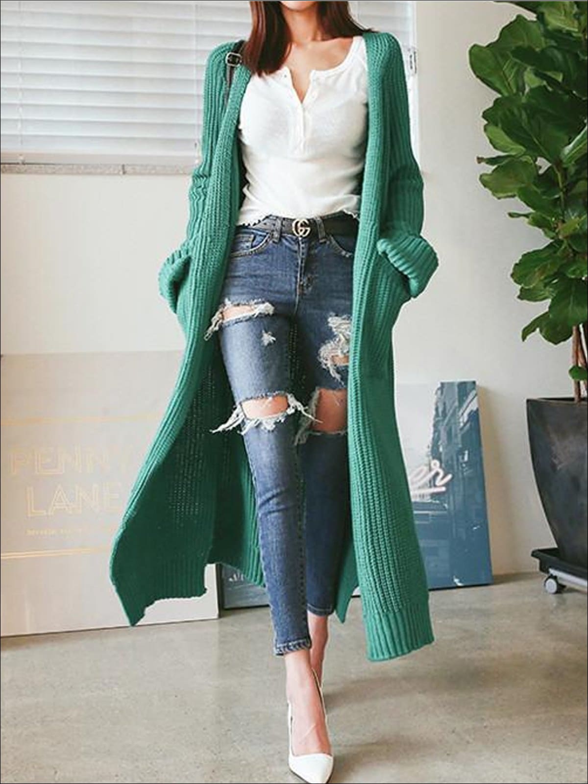 Womens Over-Sized Fall Knit Side Slit Cardigan - Green / One - Womens Fall Outerwear