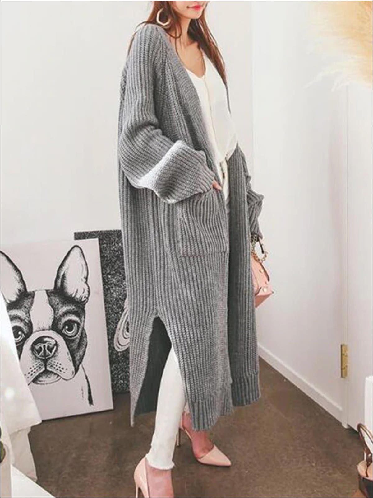 Womens Over-Sized Fall Knit Side Slit Cardigan - Grey / One - Womens Fall Outerwear