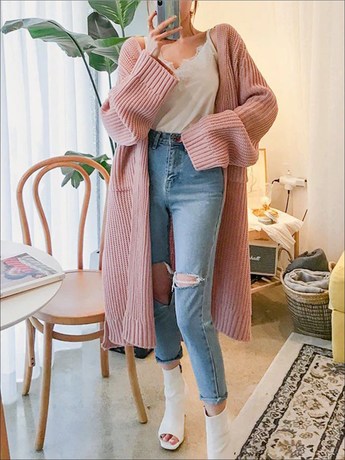 Womens Over-Sized Fall Knit Side Slit Cardigan - Pink / One - Womens Fall Outerwear
