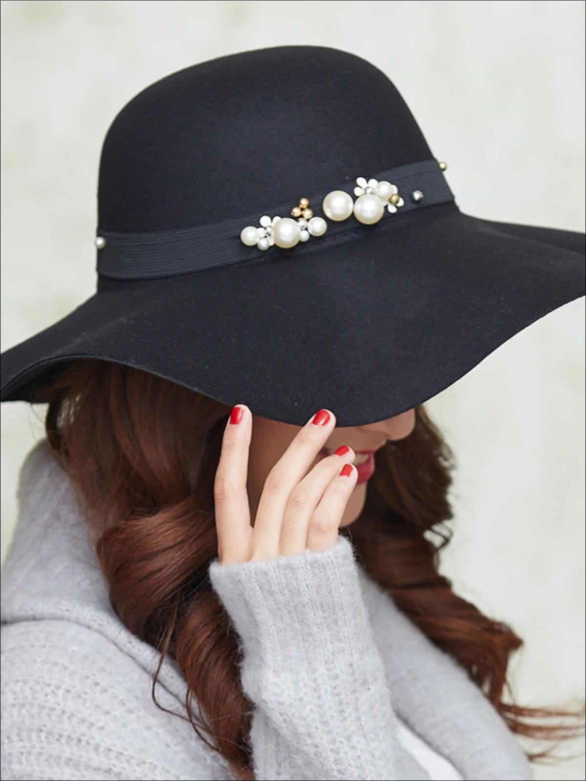 Womens Pearl Embellished Cashmere Fedora Hat (Multiple Color Options) - Womens Hats