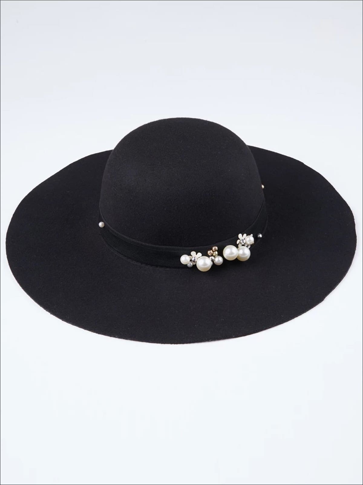 Womens Pearl Embellished Cashmere Fedora Hat (Multiple Color Options) - Black - Womens Hats