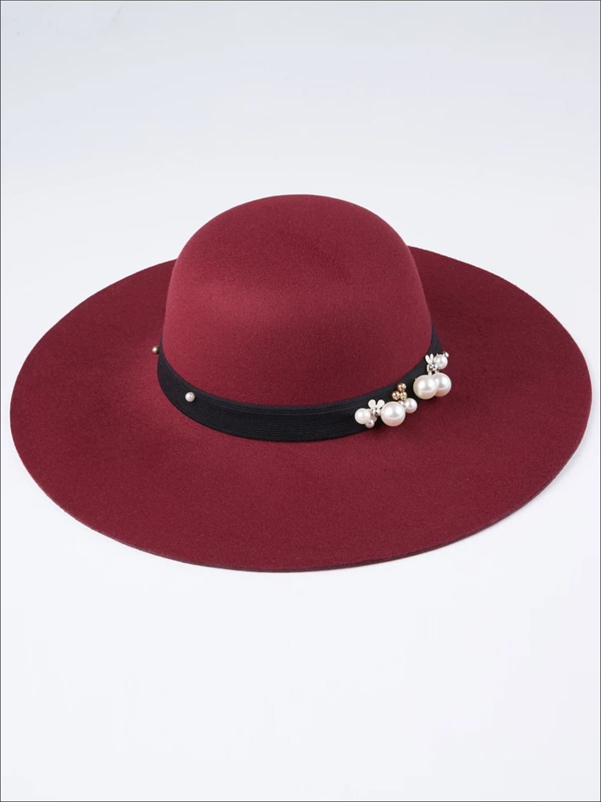 Womens Pearl Embellished Cashmere Fedora Hat (Multiple Color Options) - Burgundy - Womens Hats