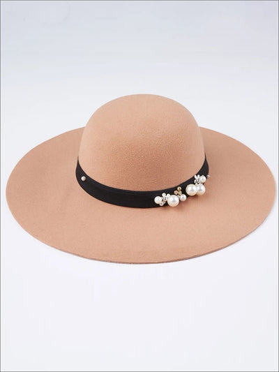 Womens Pearl Embellished Cashmere Fedora Hat (Multiple Color Options) - Khaki - Womens Hats