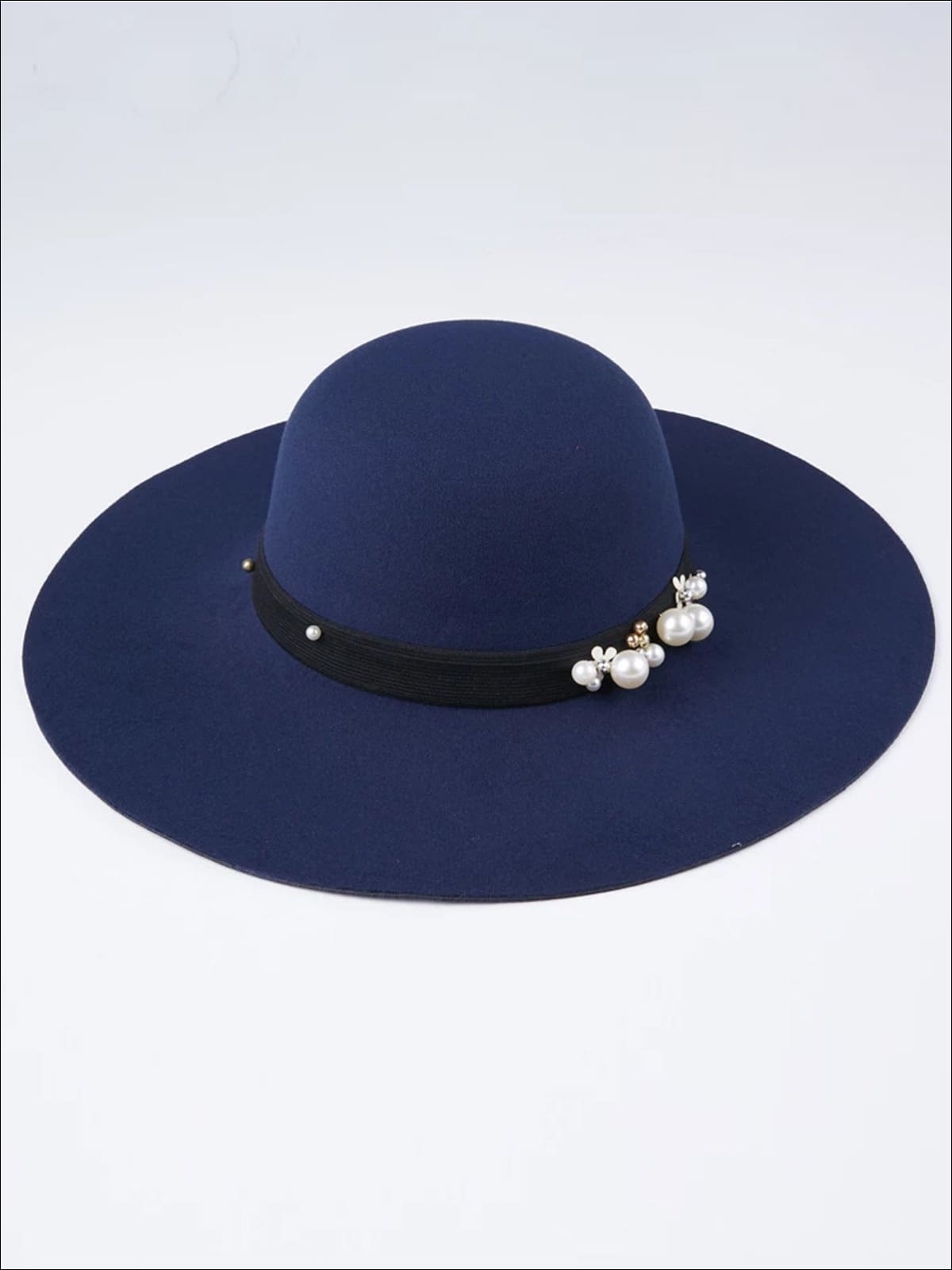 Womens Pearl Embellished Cashmere Fedora Hat (Multiple Color Options) - Navy - Womens Hats