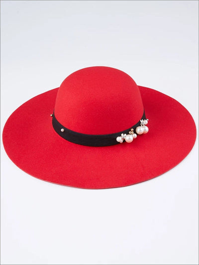 Womens Pearl Embellished Cashmere Fedora Hat (Multiple Color Options) - Red - Womens Hats