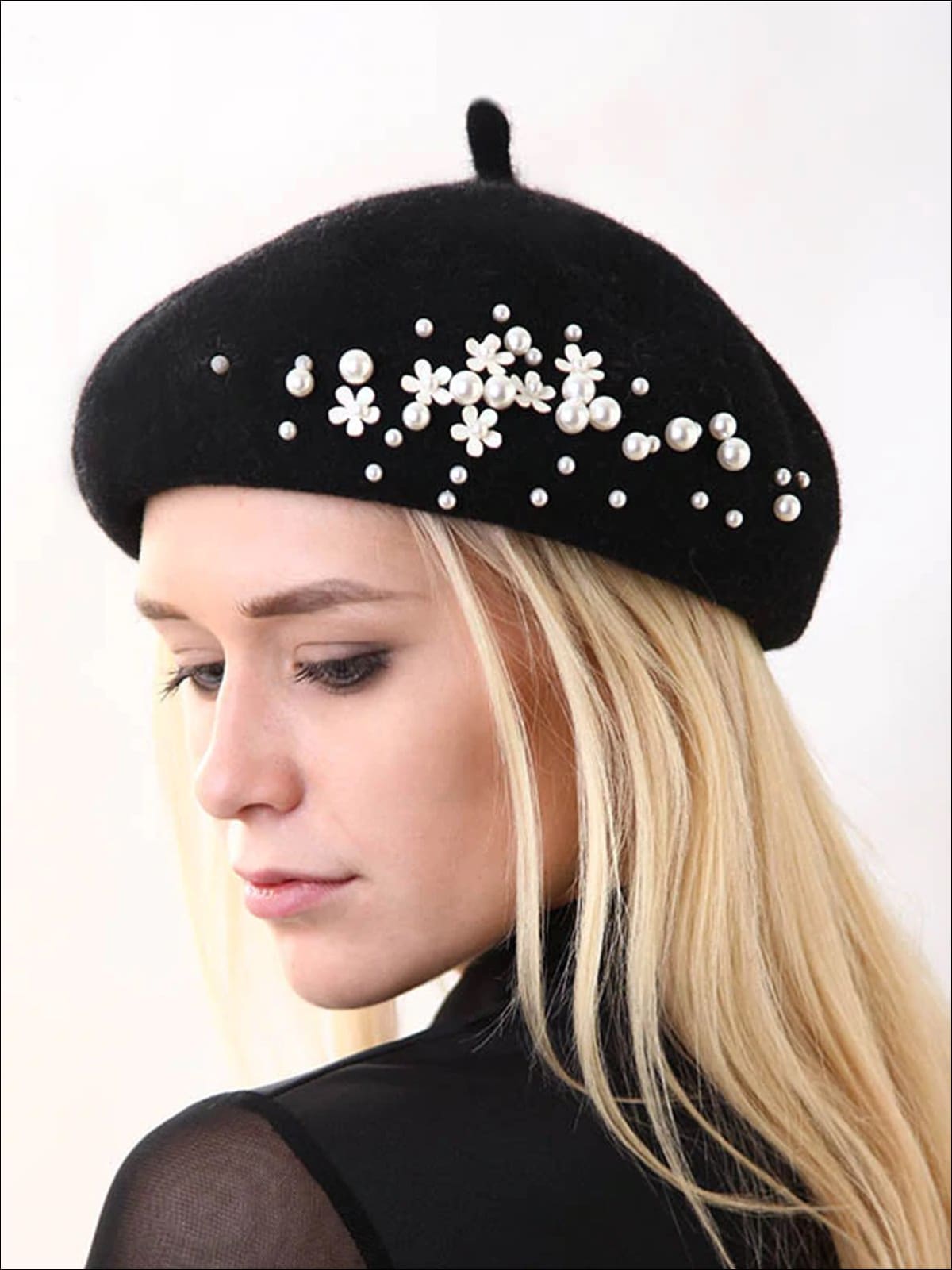 Womens Pearl Embellished Floral Applique Wool Beret - Black - Womens Hats