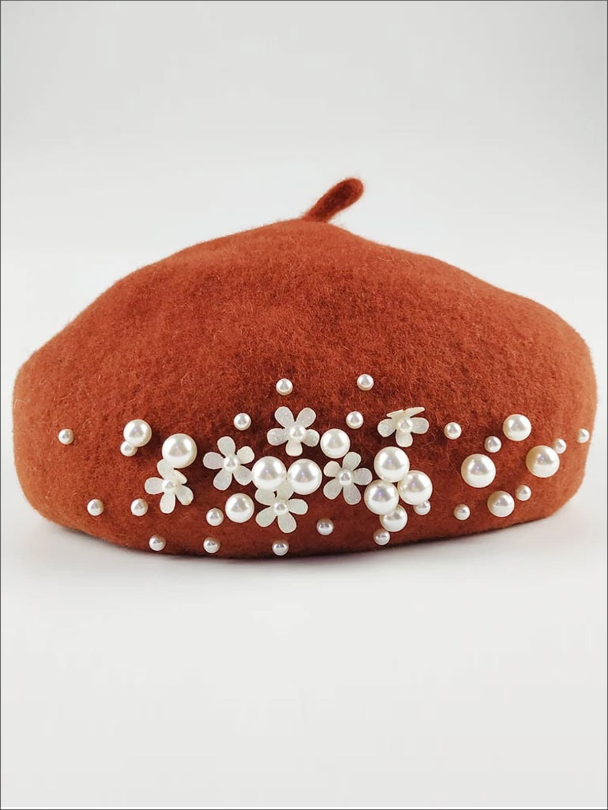 Womens Pearl Embellished Floral Applique Wool Beret - Brown - Womens Hats