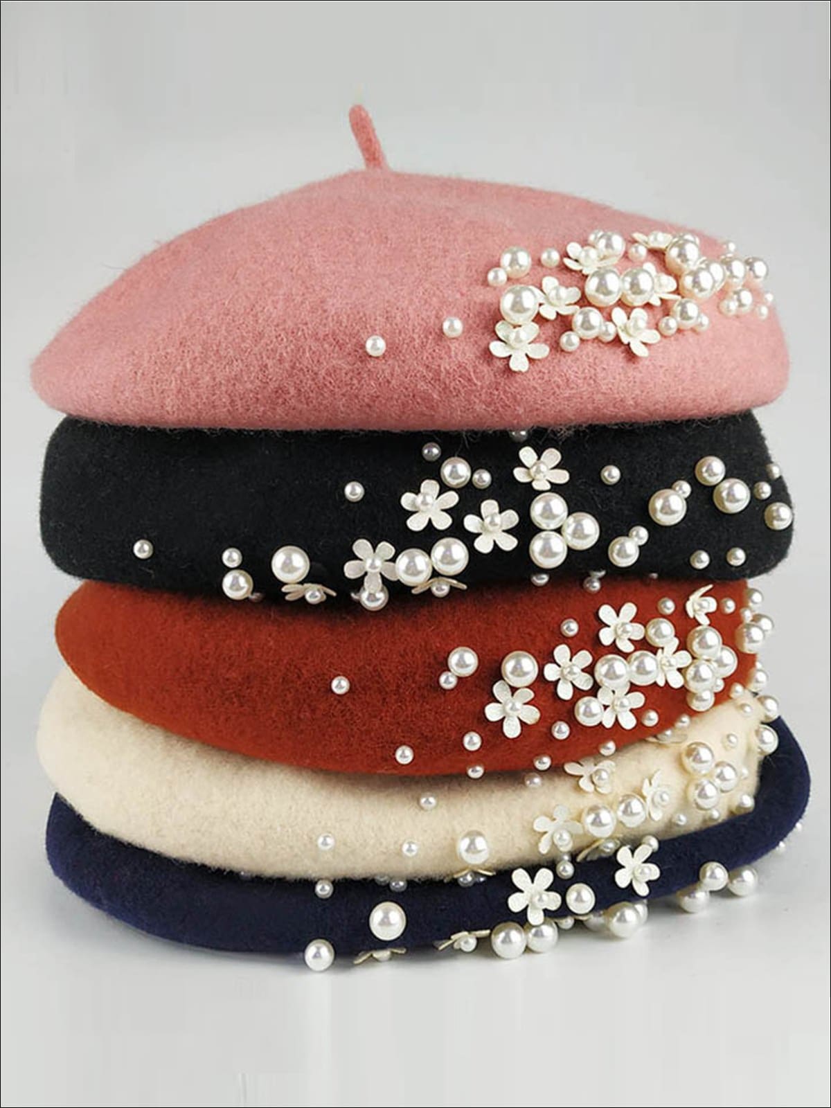 Womens Pearl Embellished Floral Applique Wool Beret - Cream - Womens Hats