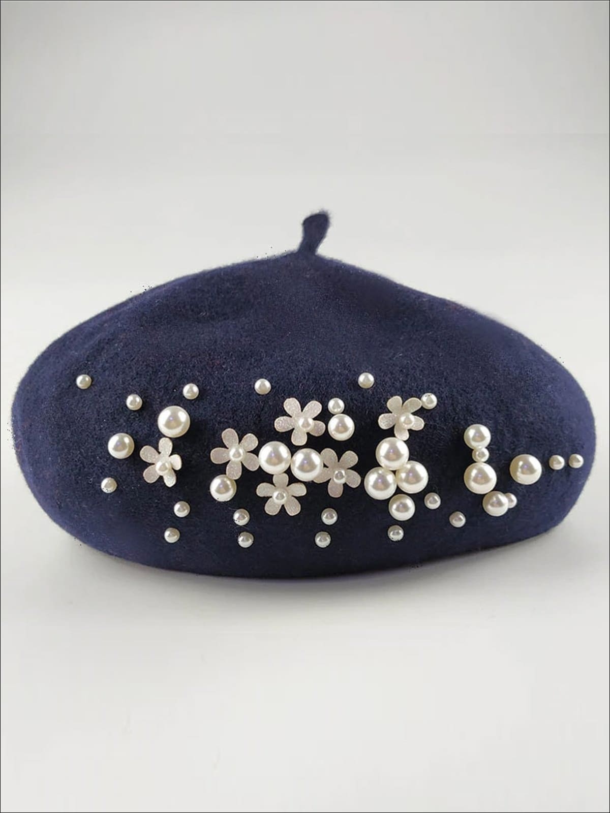 Womens Pearl Embellished Floral Applique Wool Beret - Navy - Womens Hats