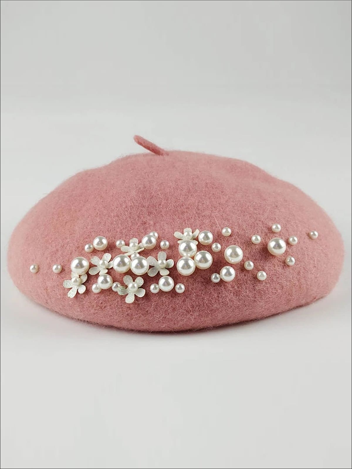 Womens Pearl Embellished Floral Applique Wool Beret - Pink - Womens Hats