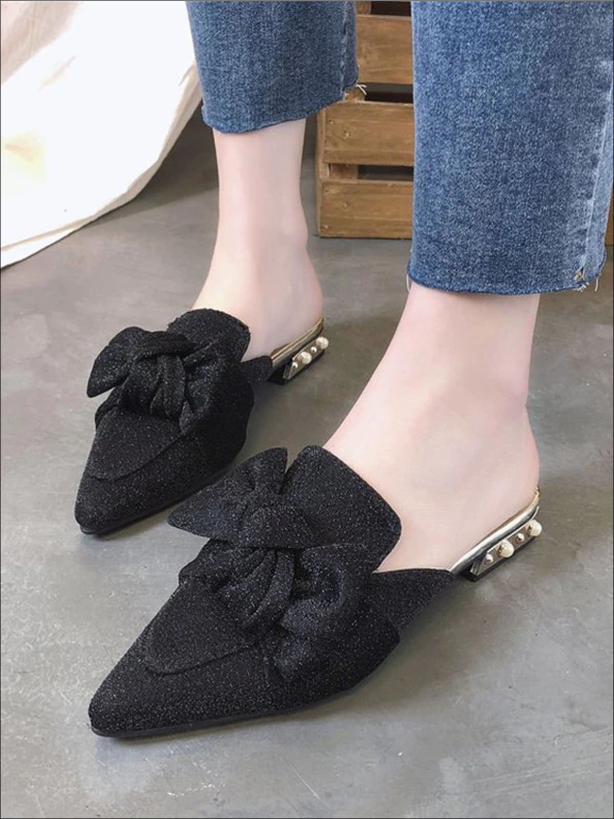 Womens Pearl Embellished Heel Bowtie Pointed Toe Mules - Womens Shoes