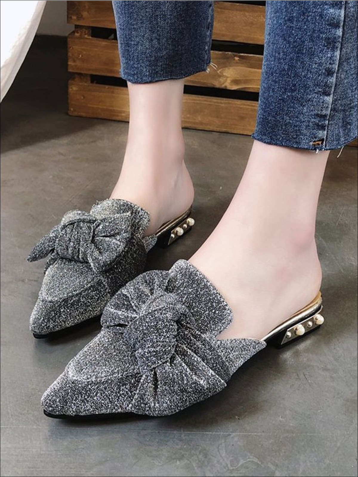 Womens Pearl Embellished Heel Bowtie Pointed Toe Mules - Womens Shoes