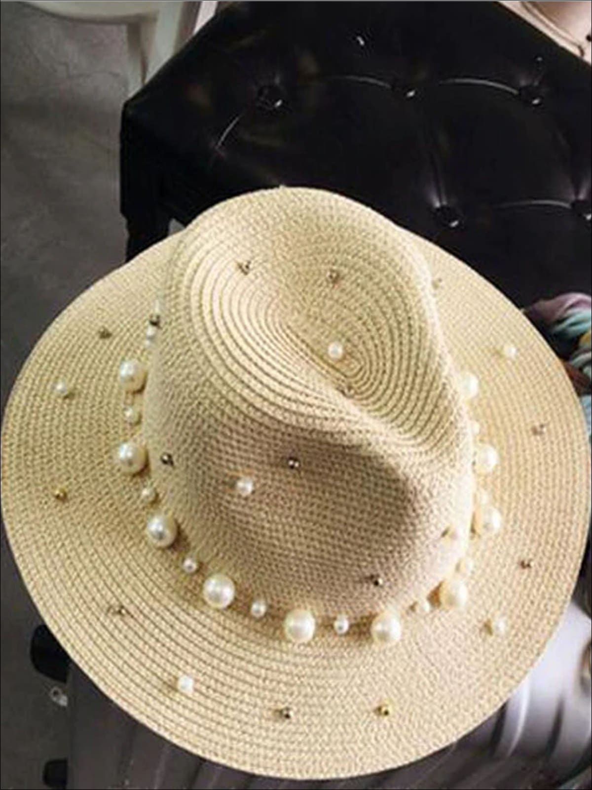 Womens Pearl Embellished Jazz Straw Hat - Beige - Womens Accessories