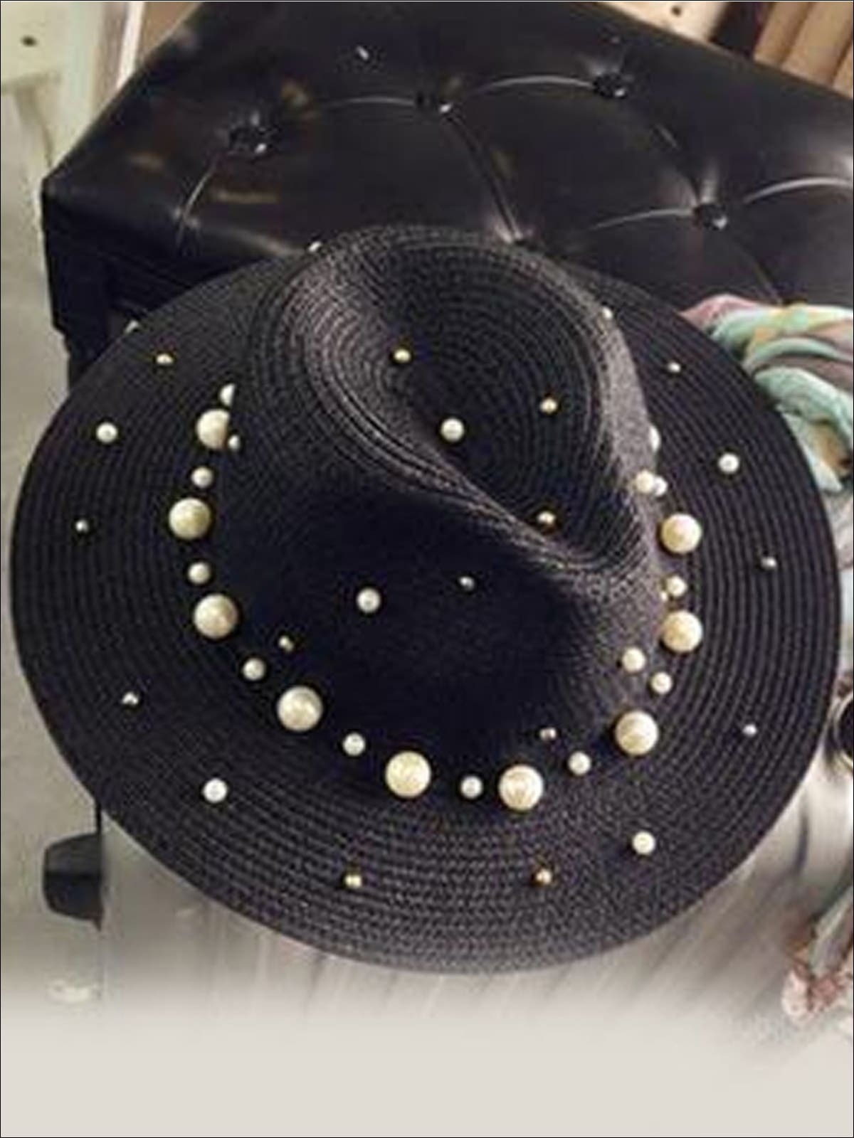Womens Pearl Embellished Jazz Straw Hat - Black - Womens Accessories