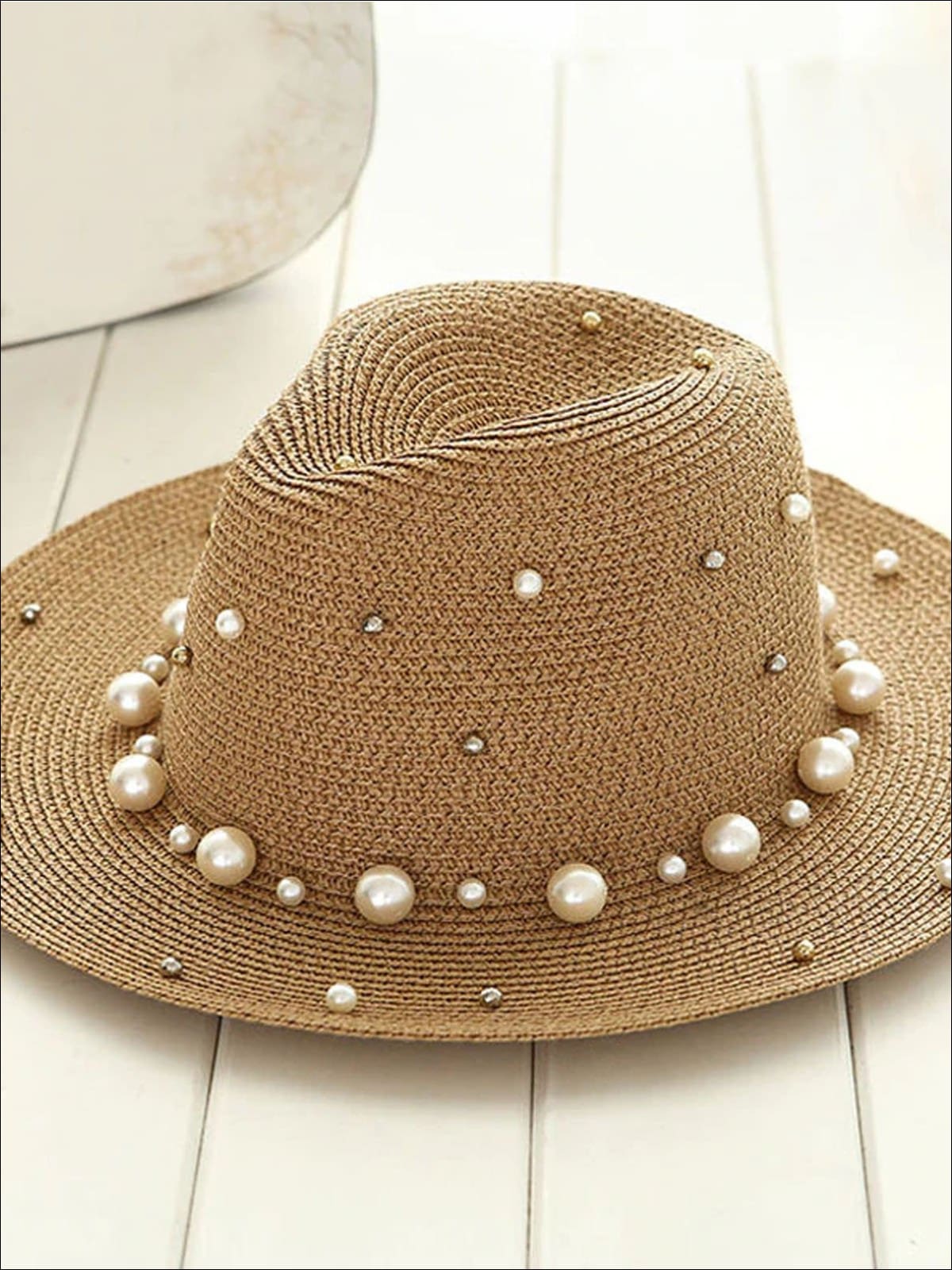 Womens Pearl Embellished Jazz Straw Hat - Brown - Womens Accessories