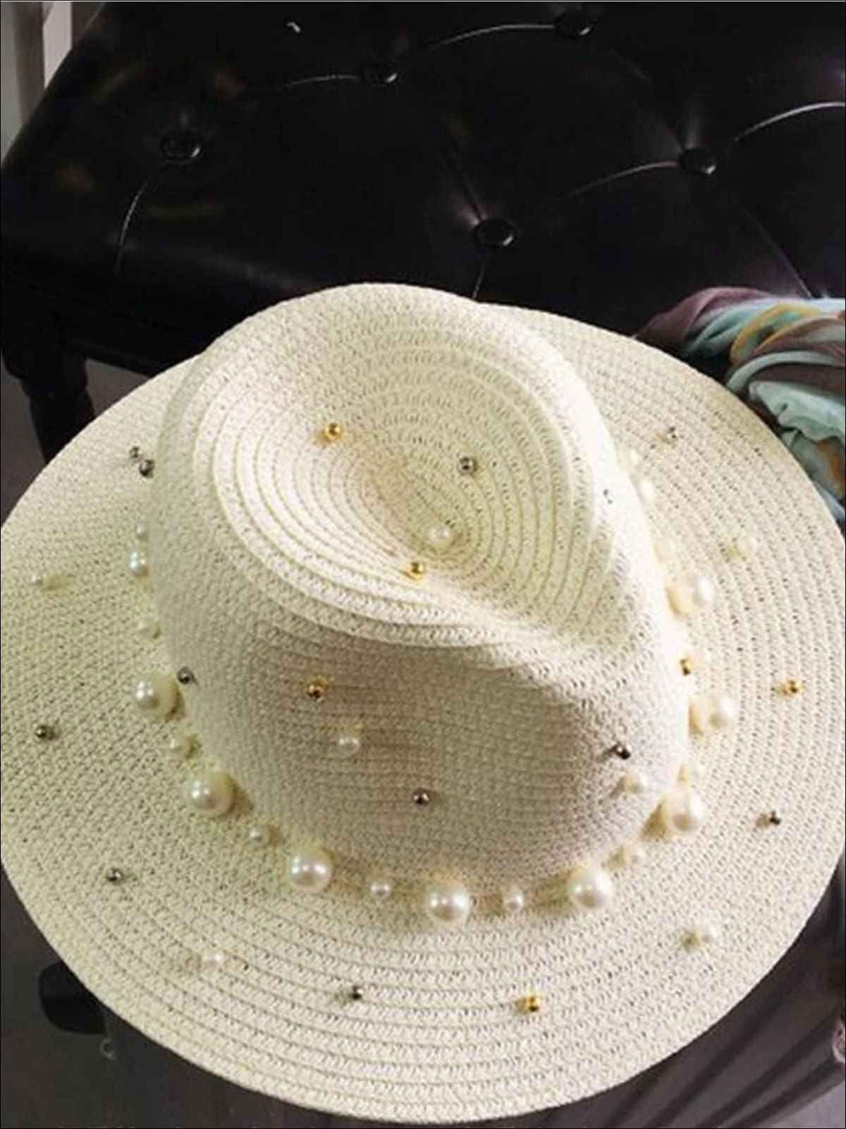 Womens Pearl Embellished Jazz Straw Hat - White - Womens Accessories