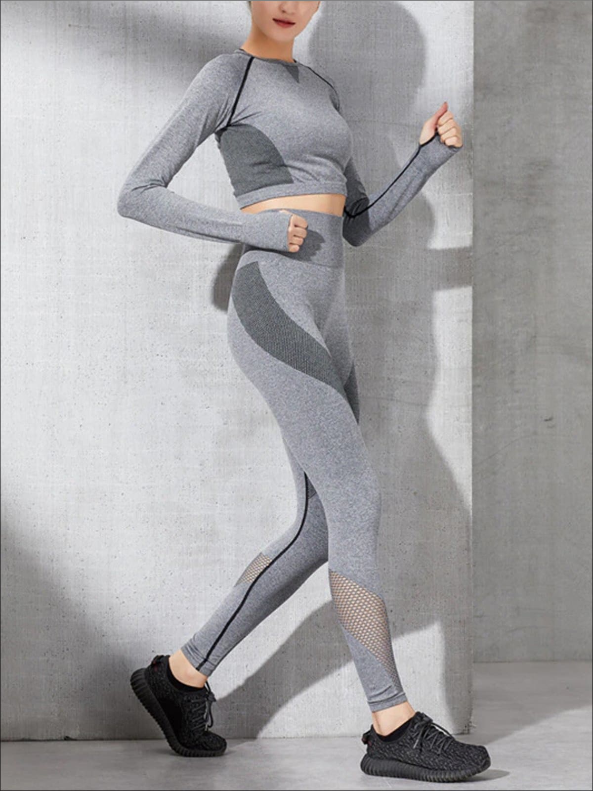 Womens Perforated Crop Top & High-Rise Leggings Set - Grey / S - Womens Activewear