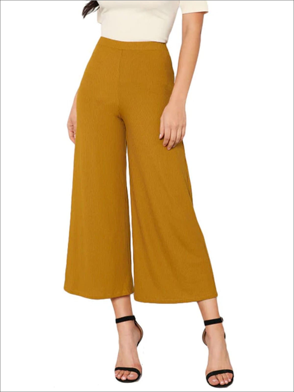 Womens Plain Elastic Mid Waist Culotte Pants - Yellow / XS - Womens Bottoms