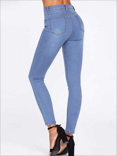 Womens Plain High Waist Button Skinny Jeans - Womens Bottoms