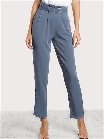 Womens Pleated Tailored Pants With Buckle Belt - Blue / XS - Womens Bottoms