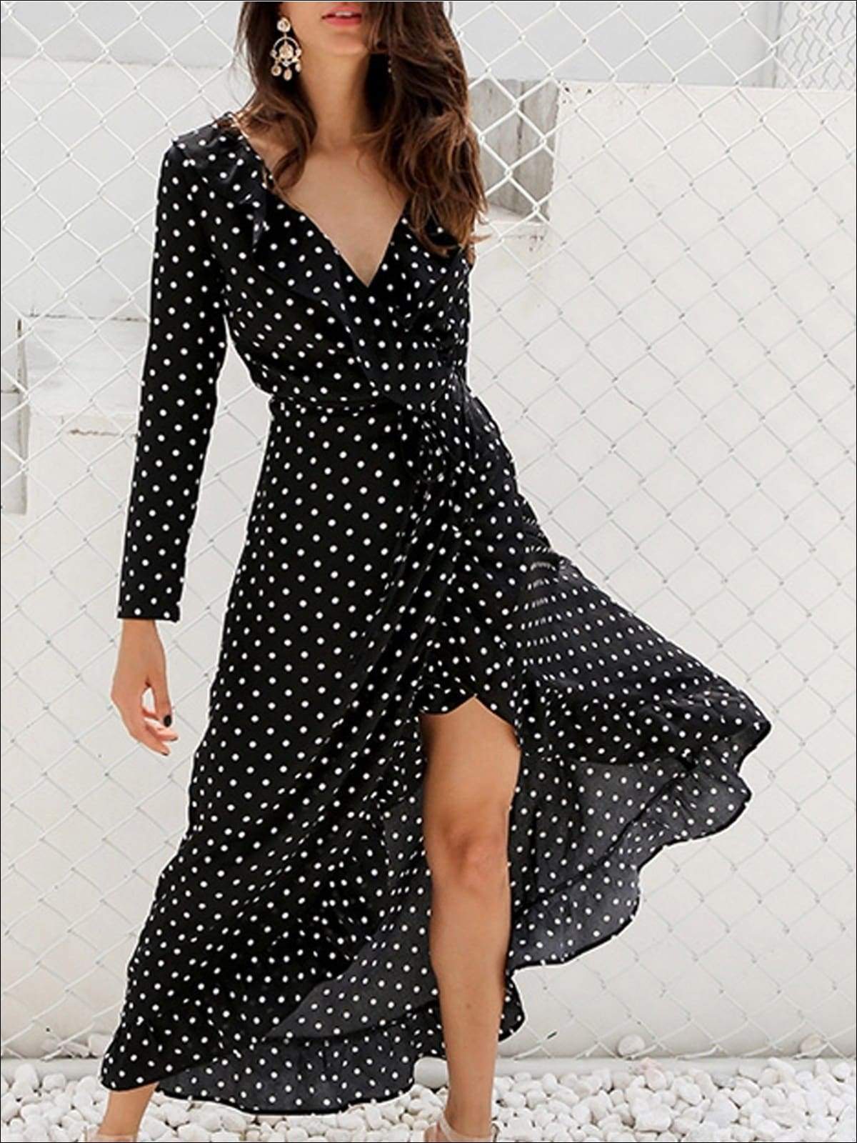 Womens Polka Dot Asymmetrical Ruffled Wrap Dress - Black / S - Womens Dresses