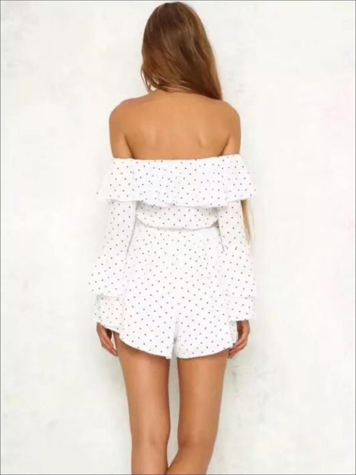 Womens Polka Dot Off The Shoulder Flare Sleeve Romper - Womens Jumpsuits