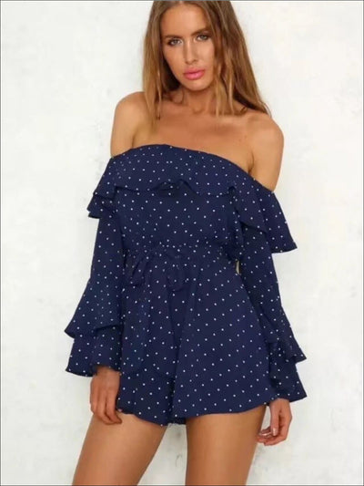 Womens Polka Dot Off The Shoulder Flare Sleeve Romper - Womens Jumpsuits