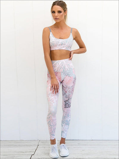 Womens Printed Caged Back Sports Bra & High-Rise Leggings Set - S / White - Womens Activewear