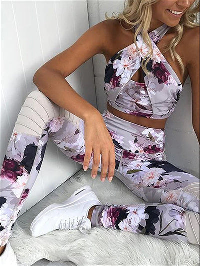 Womens Quick Dry Floral Cross Front Crop To Leggings Set - Womens Activewear