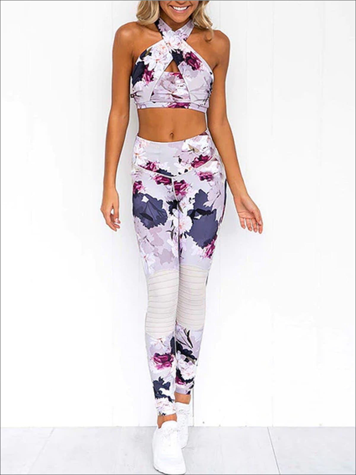 Womens Quick Dry Floral Cross Front Crop To Leggings Set - S / White - Womens Activewear